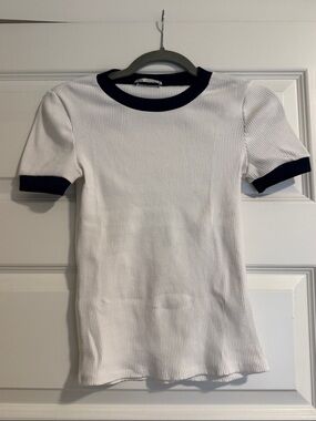 Zara White Ribbed Tee with Navy Trim